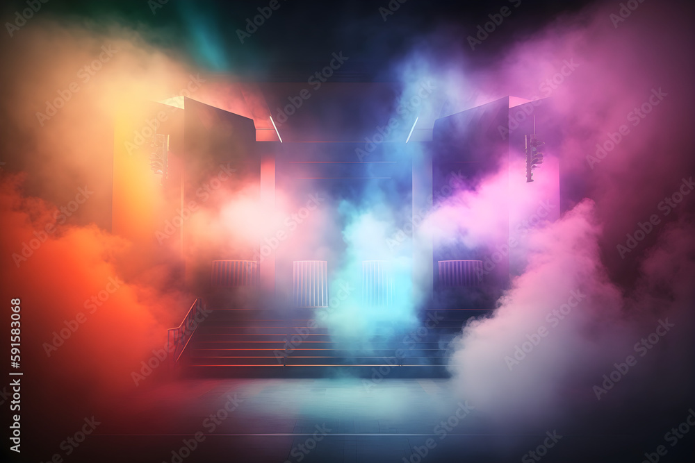 Colourful Studio Scenario Backdrop with smoke, photo editing asset