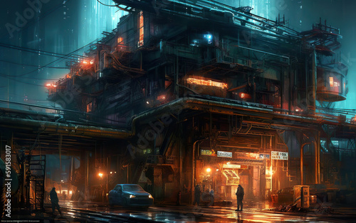 Illustration of a futuristic cyberpunk night city and Sci-fi vision of futuristic cyberpunk city neon night life. AI generated illustration.