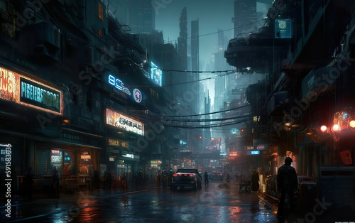 Illustration of a futuristic cyberpunk night city and Sci-fi vision of futuristic cyberpunk city neon night life. AI generated illustration.