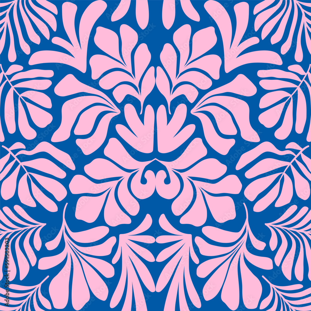 Fototapeta premium Pink blue abstract background with tropical palm leaves in Matisse style. Vector seamless pattern.