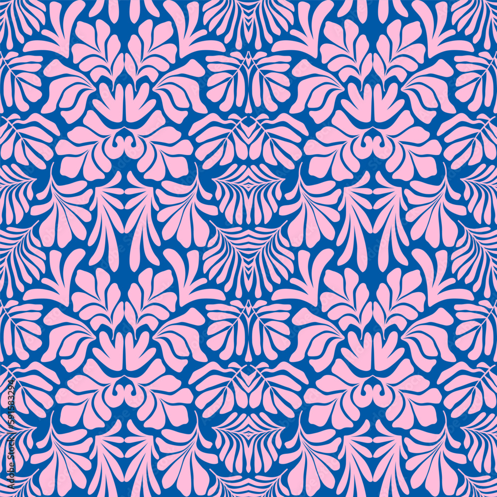 Pink blue abstract background with tropical palm leaves in Matisse style. Vector seamless pattern. Pink blue abstract background with tropical palm leaves in Matisse style. Vector seamless pattern.