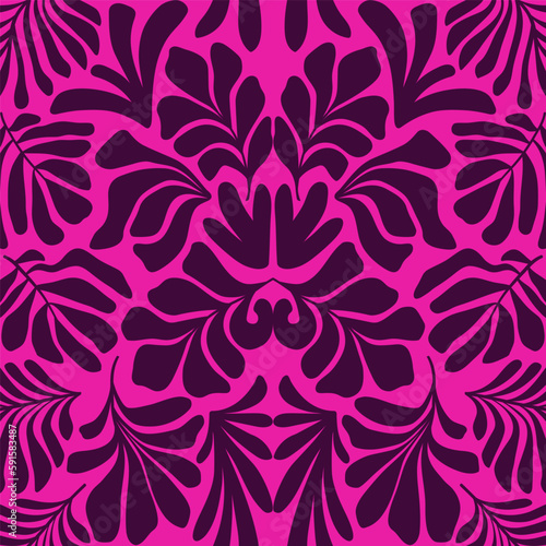 Purple pink abstract background with tropical palm leaves in Matisse style. Vector seamless pattern.