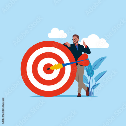 Businessman standing near big dart board and strategy arrow. Modern vector illustration in flat style