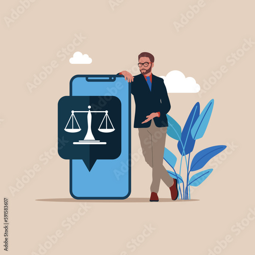 Businessman standing near big smartphone with online legal help icon. Flat vector illustration