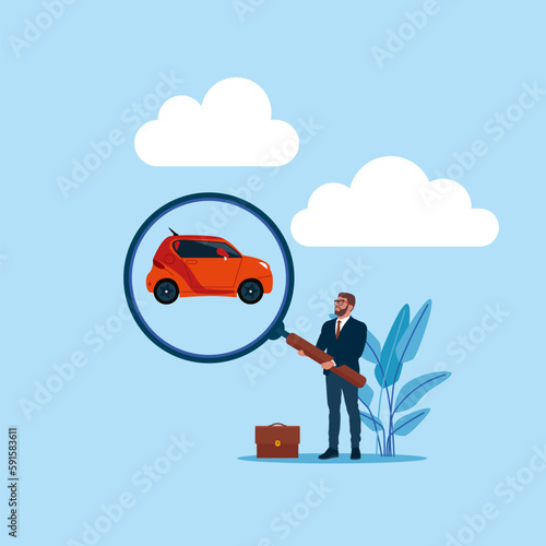 Searching and choosing a suitable car. Businessman found his car. Modern vector illustration in f