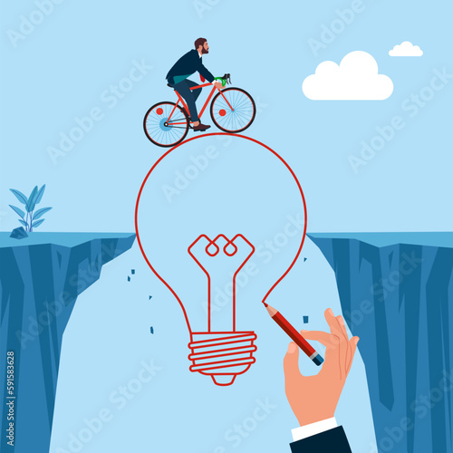 Human Commuter with bicycle crossing an abyss over a lightbulbs. Business concepts. Flat vector illustration