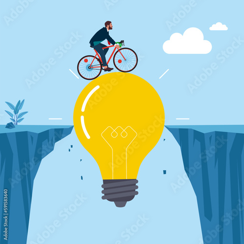 Businessman Commuter with bicycle crossing an abyss over a lightbulbs. Business concepts. Modern vector illustration in flat style