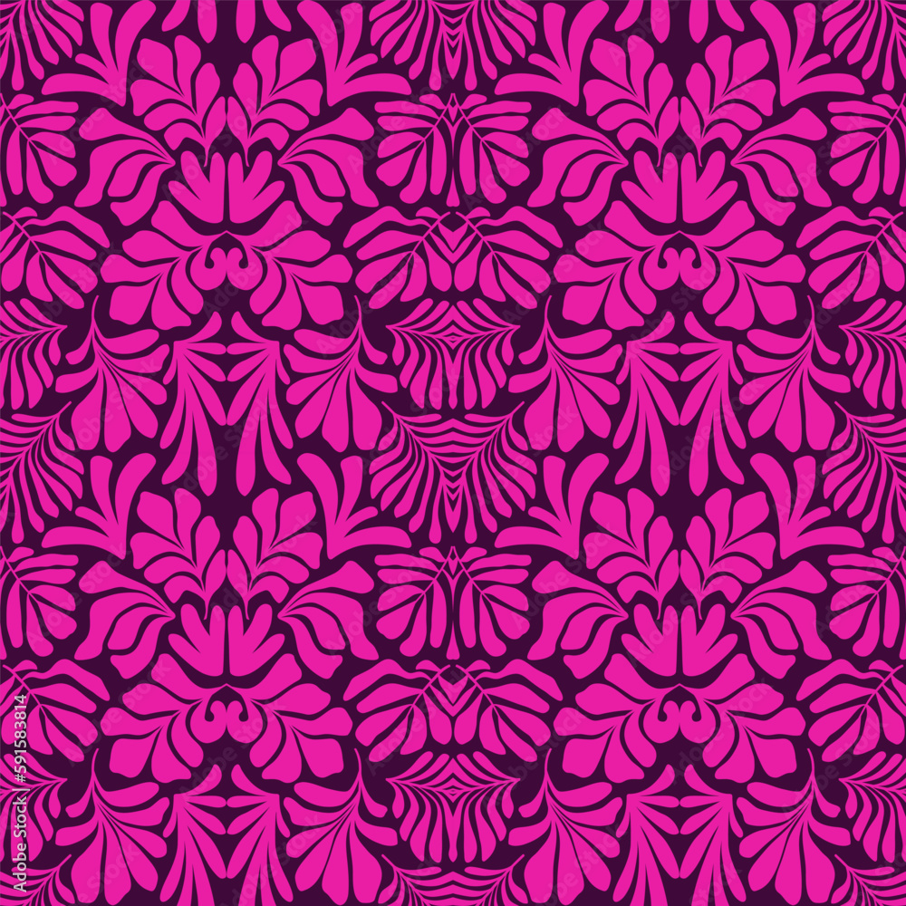 Purple pink abstract background with tropical palm leaves in Matisse style. Vector seamless pattern.