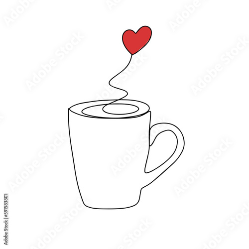 One line drawing coffee. Cup with heart, cappuccino, latte art, symbol of love and relaxation.
