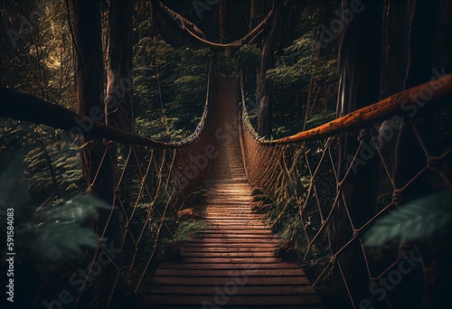 Canvas Print A forest wooden footbridge suspended above the ground