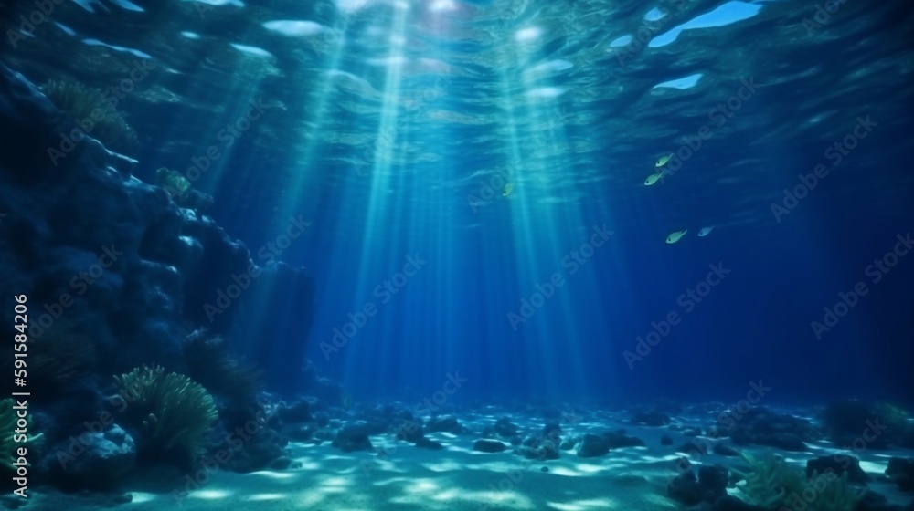 An underwater AI generated illustration of tropical blue clear waters with fractal light rays from above An underwater AI generated illustration of tropical blue clear waters with fractal light rays from above