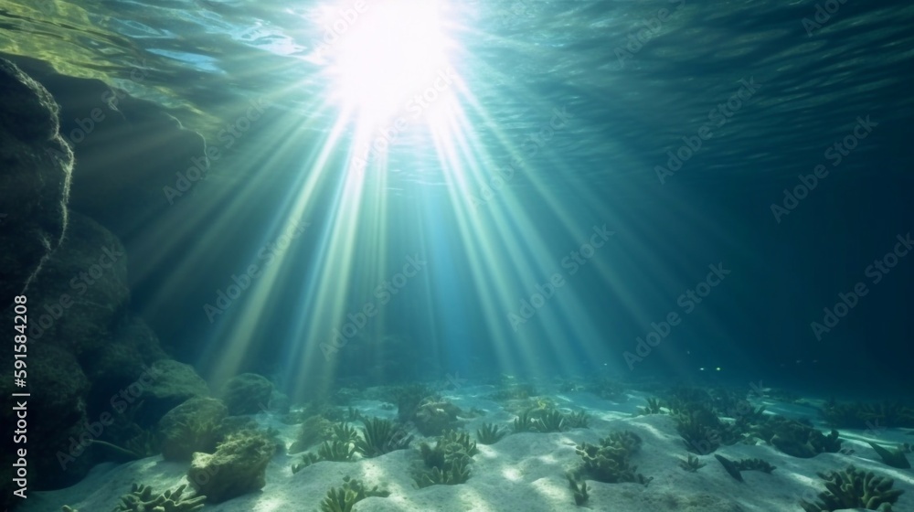 An underwater AI generated illustration of tropical blue clear waters with fractal light rays from above