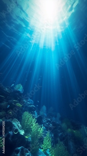 An underwater AI generated illustration of tropical blue clear waters with fractal light rays from above © JPDC