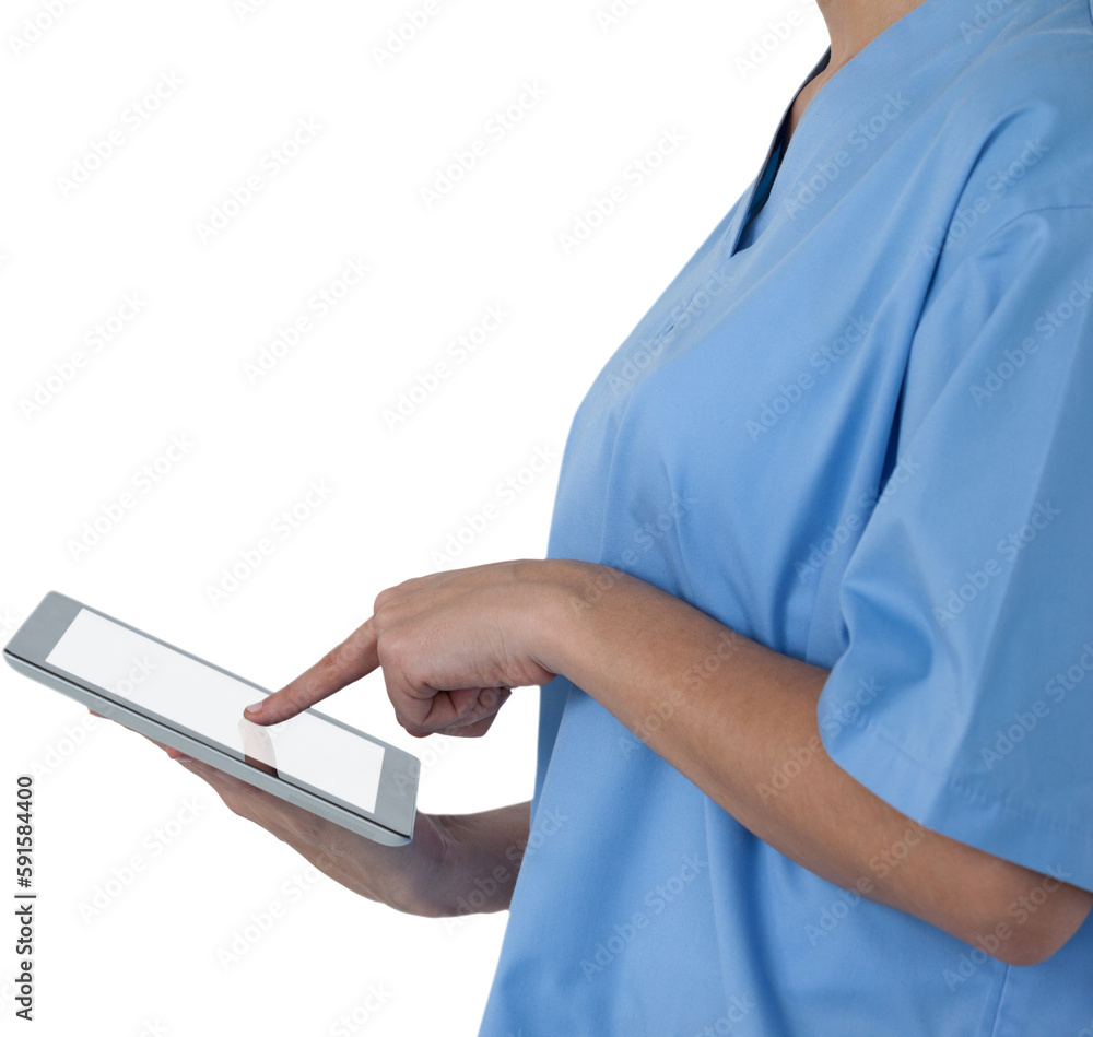 Midsection of female doctor using digital tablet