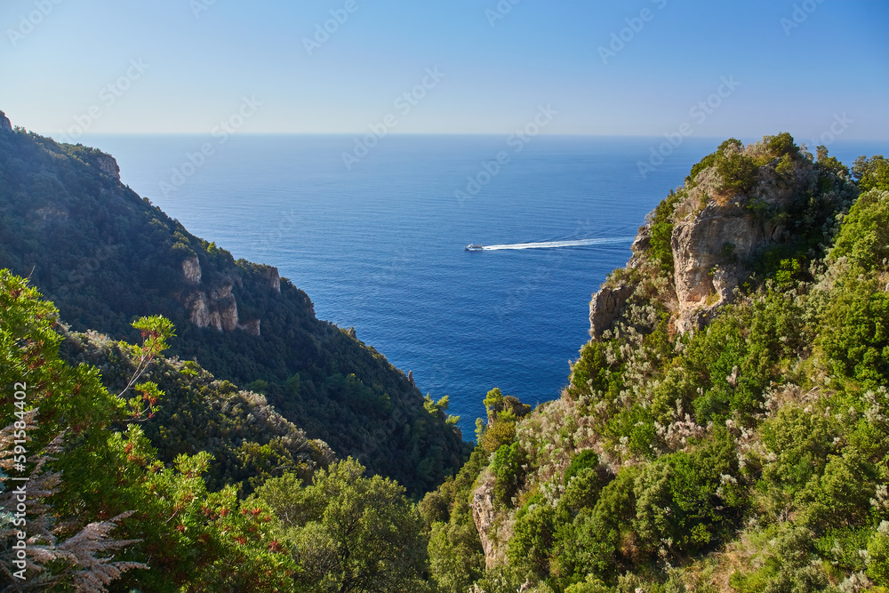 Breathtaking panoramic view from Conca dei Marini along the main road of the Amalfi Coast.