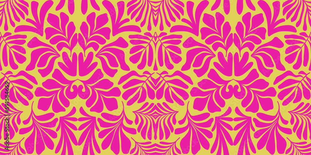 Yellow pink abstract background with tropical palm leaves in Matisse style. Vector seamless pattern.