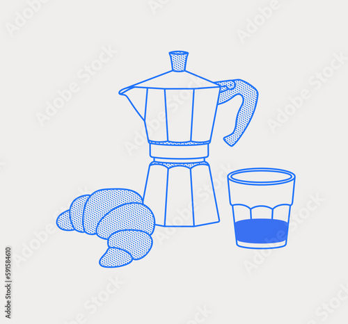 Moka pot, a glass of coffee, croissant. Coffee time composition. Line art, retro. Vector illustration for coffee shops, cafes, and restaurants.