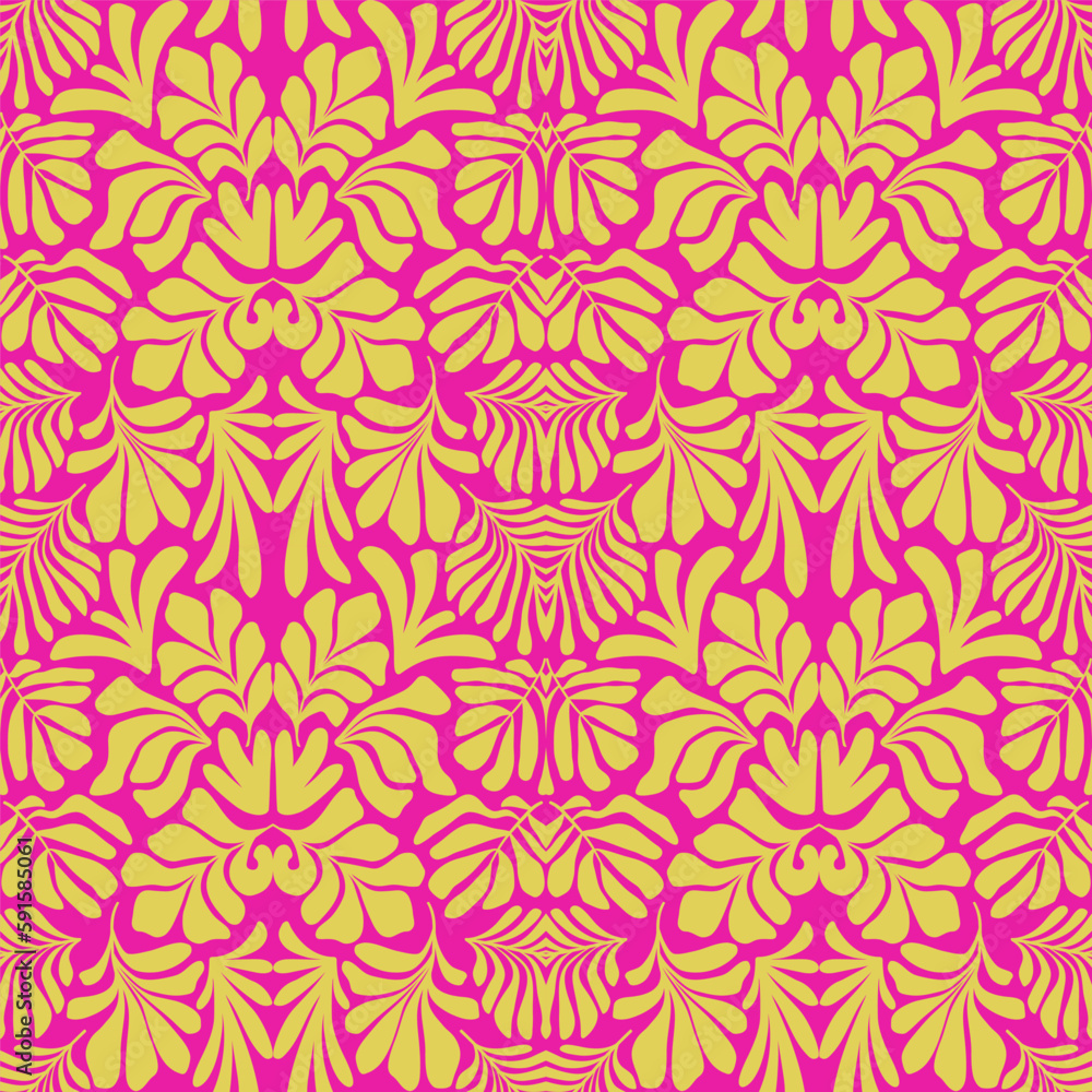Yellow pink abstract background with tropical palm leaves in Matisse style. Vector seamless pattern.