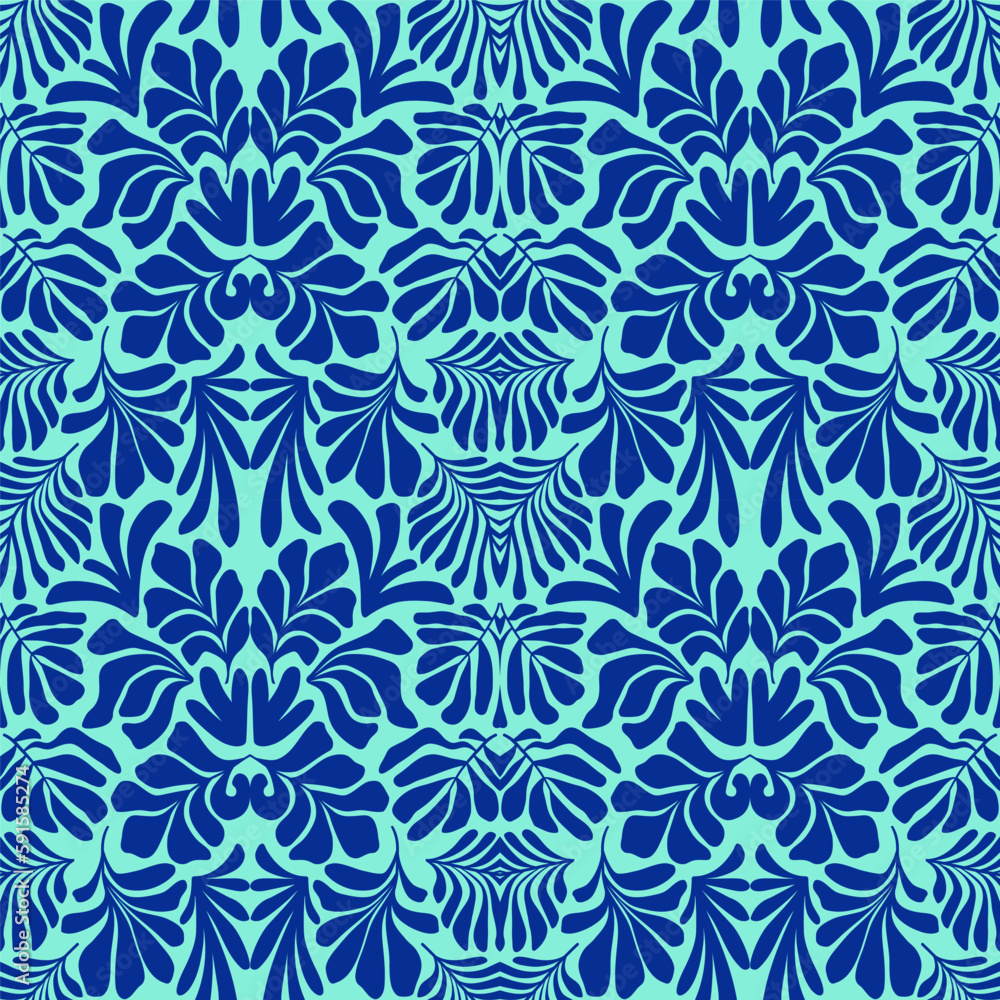 Turquoise blue abstract background with tropical palm leaves in Matisse style. Vector seamless pattern.