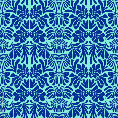 Turquoise blue abstract background with tropical palm leaves in Matisse style. Vector seamless pattern.