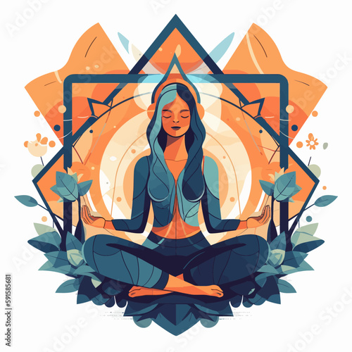 Woman sitting in meditation pose with legs crossed. Yoga spiritual exercise minimalistic vector illustration.