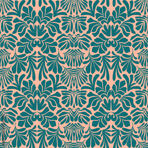 Peach green abstract background with tropical palm leaves in Matisse style. Vector seamless pattern.