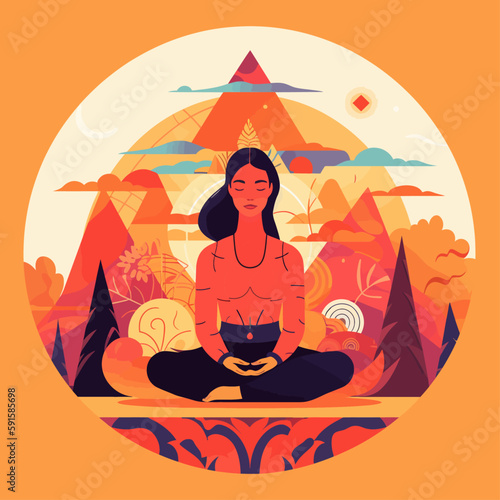 Woman sitting in meditation pose with legs crossed. Yoga spiritual exercise minimalistic vector illustration.