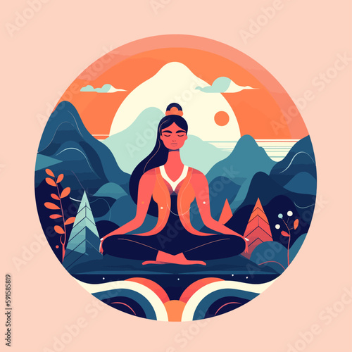 Woman sitting in meditation pose with legs crossed. Yoga spiritual exercise minimalistic vector illustration.