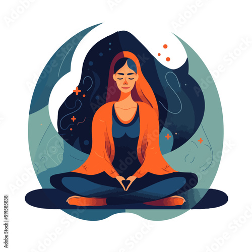 Woman in meditation. Lotus pose sitting with legs crosse. Spiritual yoga exercise minimalistic vector.