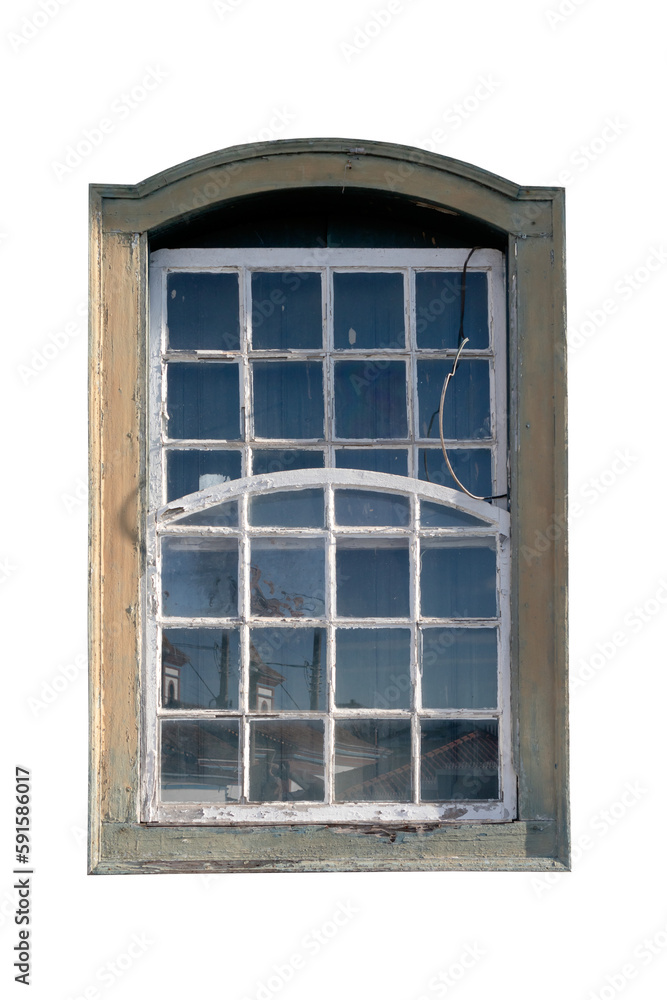 Vintage arched wooden window, isolated on white background, Brazilian old window.