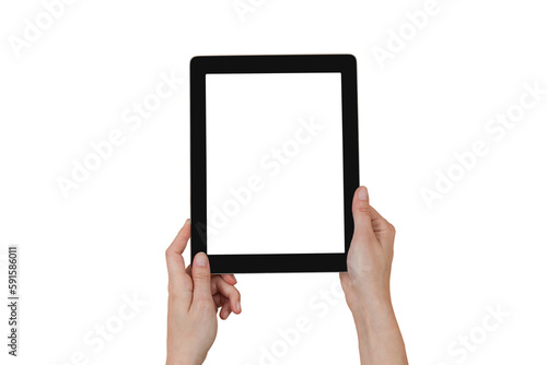 Hands holding digital tablet against white background