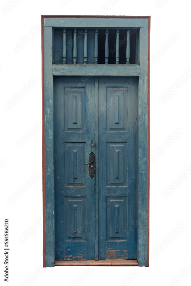 Vintage wooden door isolated on white background, Brazilian old door