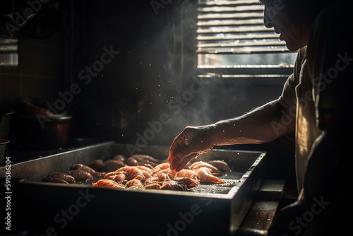 Generative AI illustration of Realistic photography of cook hands frying prawns