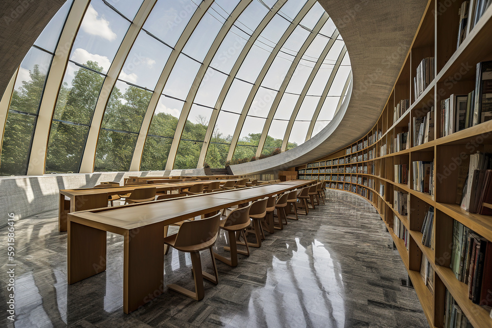 Obraz premium Generative AI illustration of Modern and futuristic recycled wood library with large window overlooking the outside.