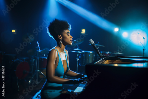 Generative AI illustration of Gorgeous black woman with blue afro hair singing and playing the piano in a studio.Signer performig © Eduardo López
