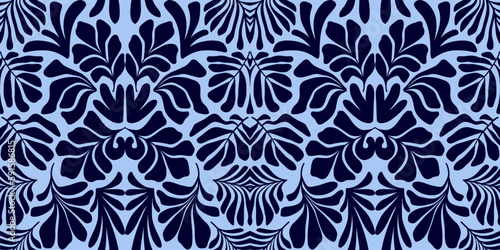 Blue abstract background with tropical palm leaves in Matisse style. Vector seamless pattern.