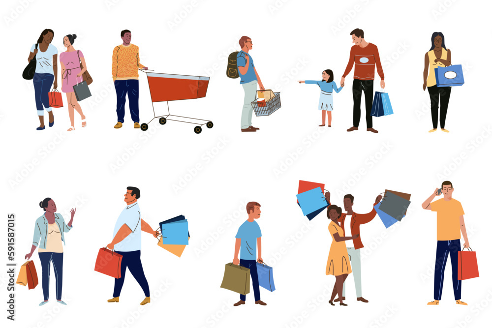 Shoppers flat vector characters set. Buyers with purchases, consumers buying products isolated cliparts pack on white background. Cartoon people holding paper shopping bags illustrations