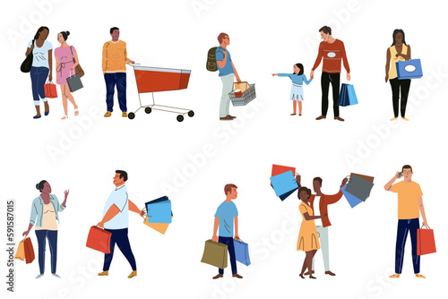 Shoppers flat vector characters set. Buyers with purchases, consumers buying products isolated cliparts pack on white background. Cartoon people holding paper shopping bags illustrations