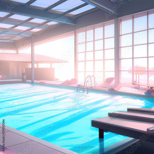 Modern swimming pool at terrace with natural daylight. Ai generated art.