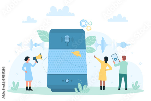 Smart voice personal assistant, AI recognition vector illustration. Cartoon tiny people control home IOT system through wireless commands on speakers and microphone, talk with virtual bot via phone