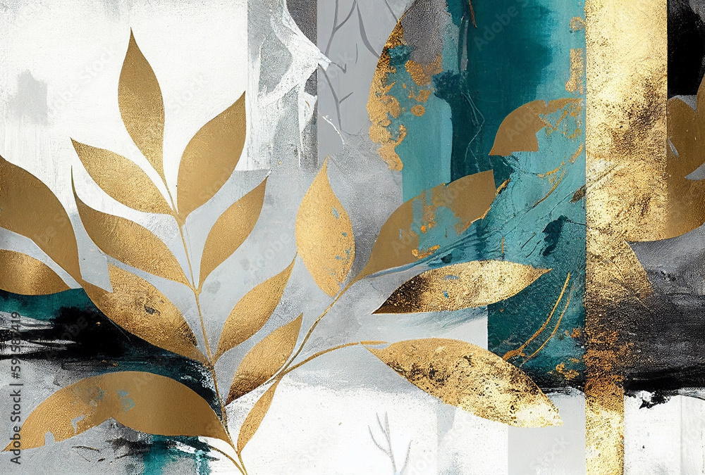 © OLA LA MERKEL - Silhouettes of beautiful plants on canvas.Gold, black, blue and gray colors. Interior painting. Beautiful background. Generative AI. © OLA LA MERKEL - Silhouettes of beautiful plants on canvas.Gold, black, blue and gray colors. Interior painting. Beautiful background. Generative AI.