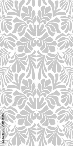 White gray abstract background with tropical palm leaves in Matisse style. Vector seamless pattern.
