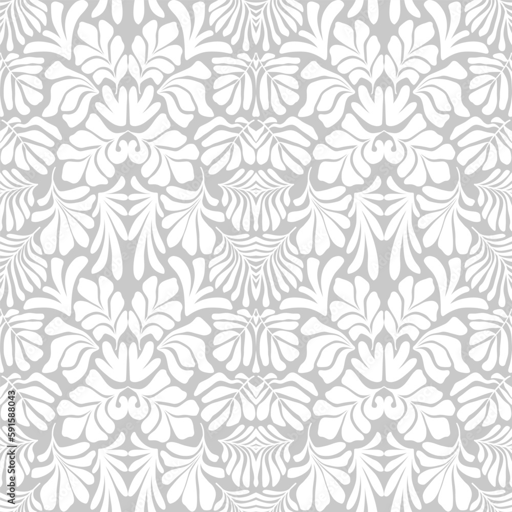 Fototapeta premium White gray abstract background with tropical palm leaves in Matisse style. Vector seamless pattern.