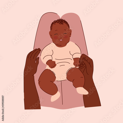 Newborn baby lying on his back on his mothers knee. African american baby lies on mother's lap. Concept of motherhood, childcare. Happy mother's day card. Mom looking at her child. Point of view shot.
