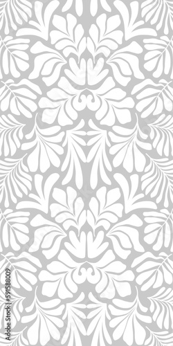 White gray abstract background with tropical palm leaves in Matisse style. Vector seamless pattern.