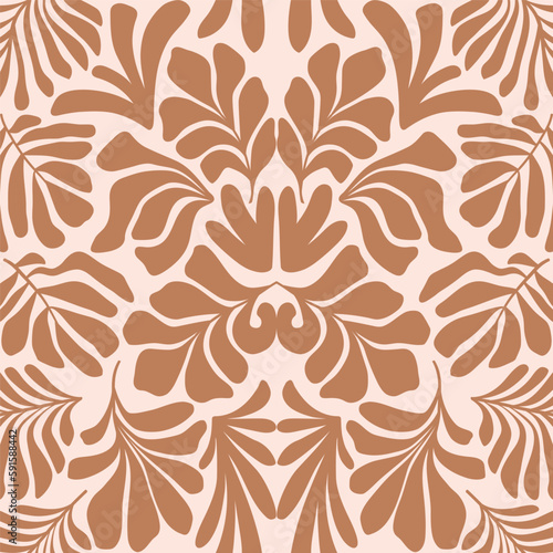 Brown beige abstract background with tropical palm leaves in Matisse style. Vector seamless pattern.