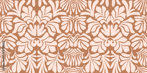 Brown beige abstract background with tropical palm leaves in Matisse style. Vector seamless pattern.