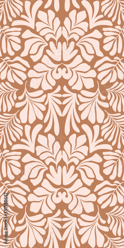 Brown beige abstract background with tropical palm leaves in Matisse style. Vector seamless pattern.