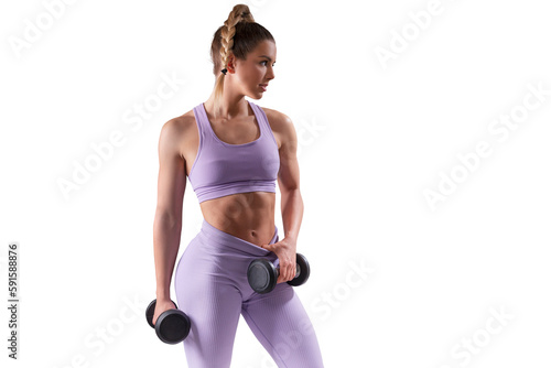 Fit young woman exercising with weights. Strong muscles, core and arms. PNG file with transparent background.  photo