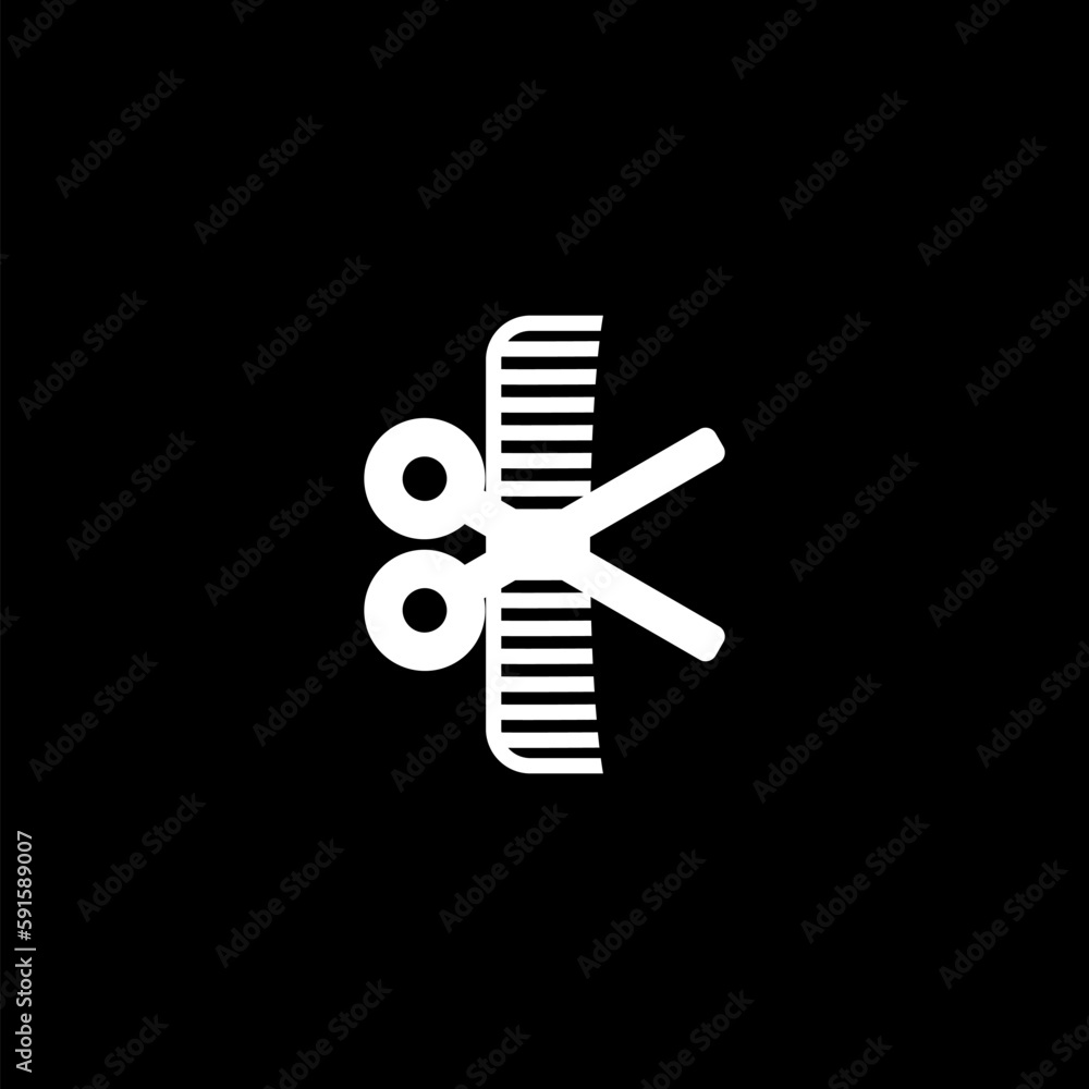 Sign crossed scissors and hair brush icon isolated on black background 